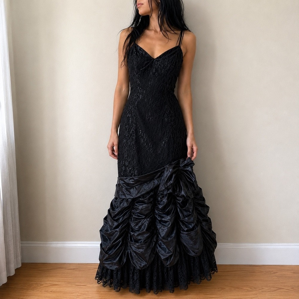 VTG 80s Loralie Black Lace Dress Size 8 Gown Steampunk Victorian Gothic